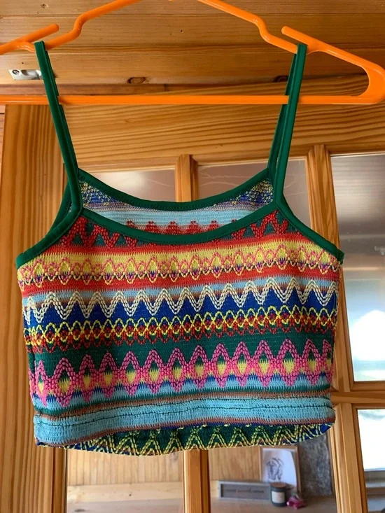 Women’s Junior’s NWOT Shein Striped Geo Crochet Knit Colorful Crop Tank Top XS - Picture 3 of 4